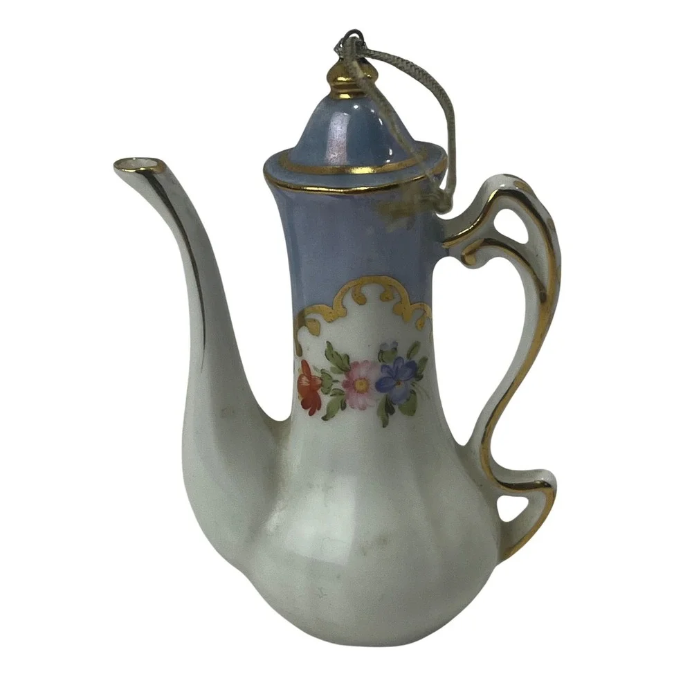 Cracker Barrel‎ Porcelain Miniature Tea Pot Blue White Floral Christmas Ornament